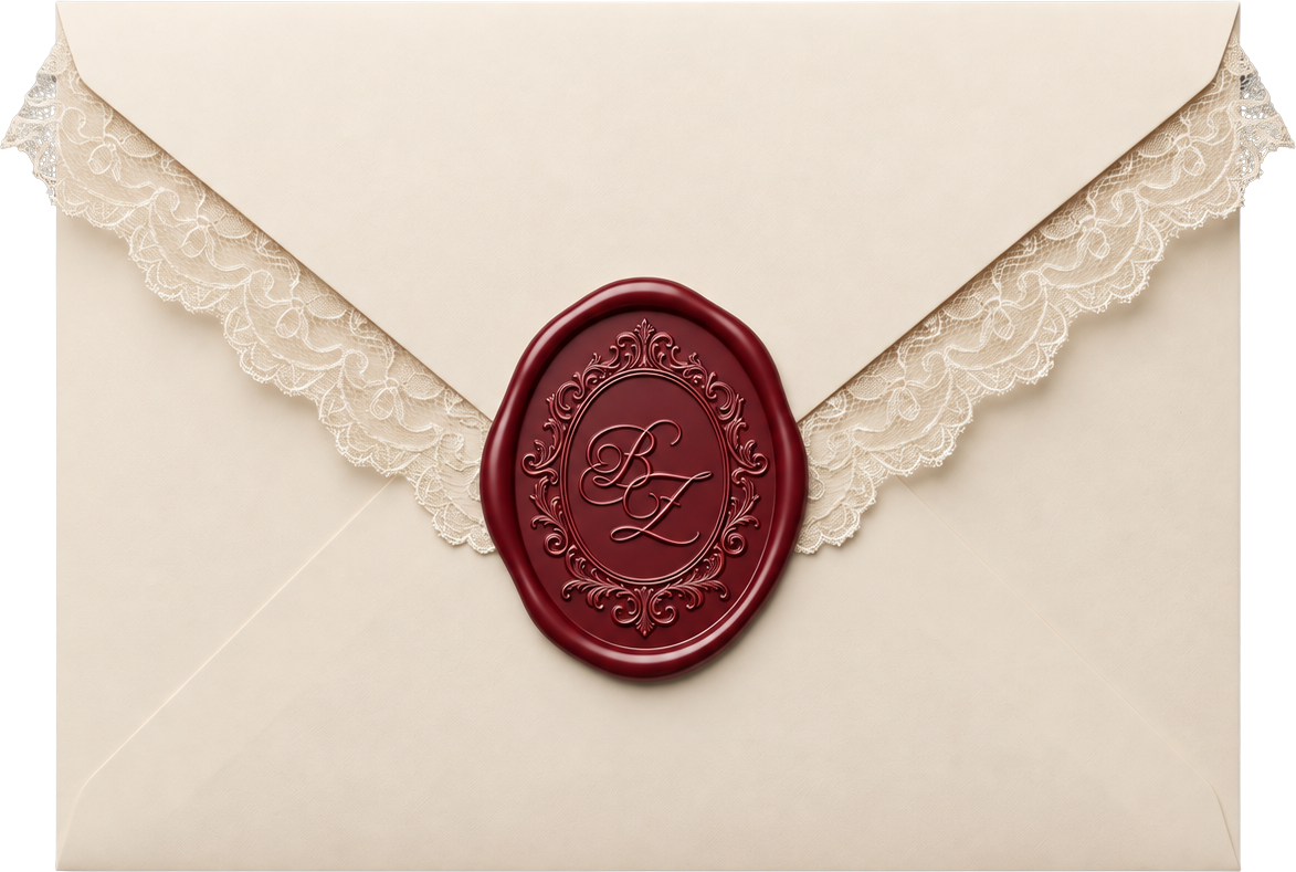 Ivory lace envelope with an ornate wine BZ wax seal